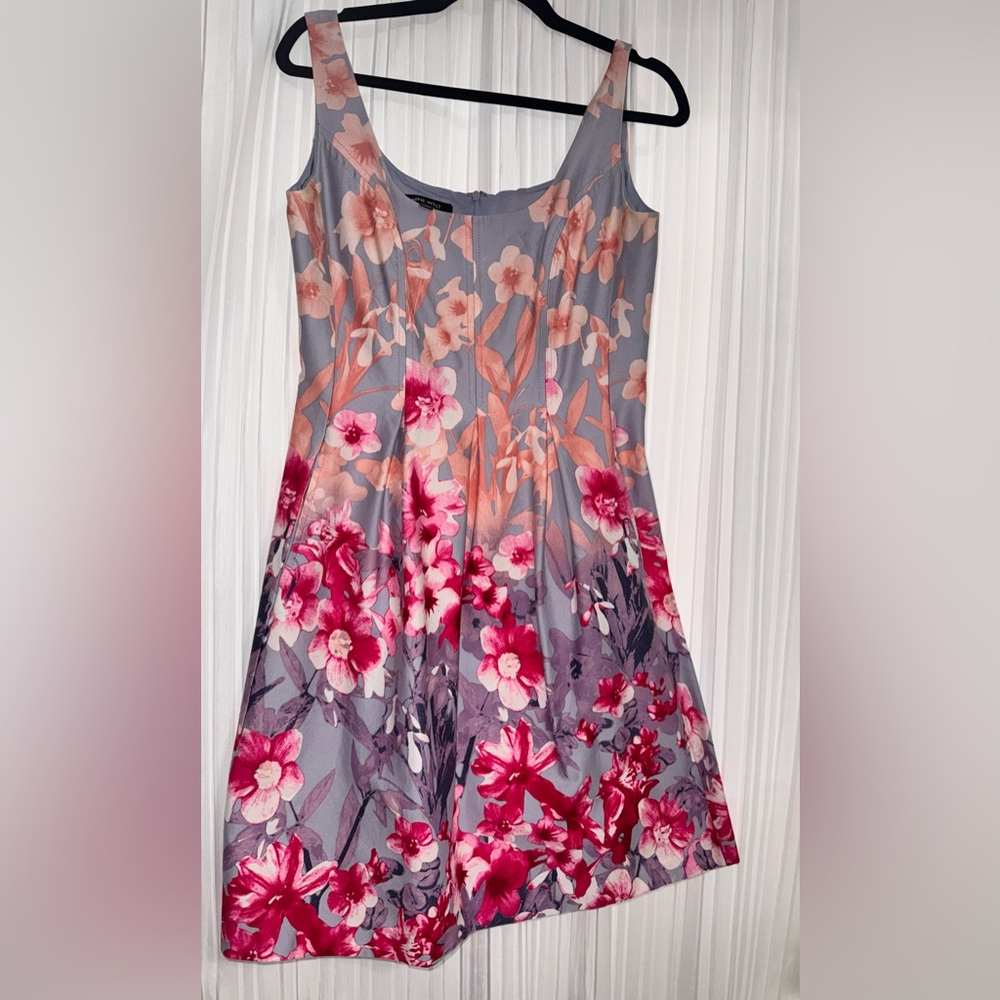 Nine West Powdered Blue Dress with Pink Floral Print and Pockets